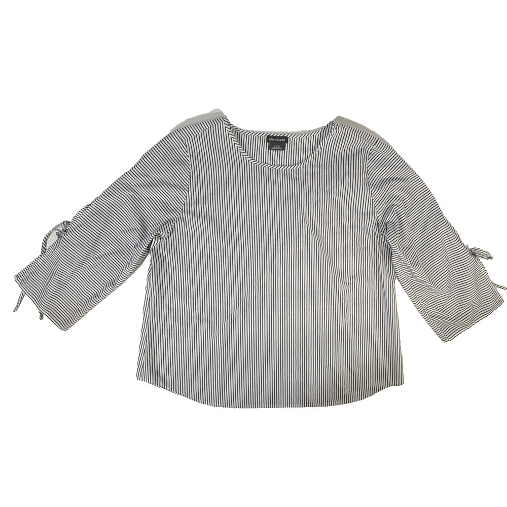 Van Huesen Womens Blouse LARGE Blue White Striped Top 3/4 Sleeve